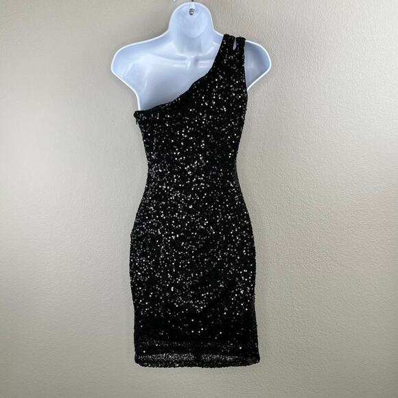 Teeze Me Black Sequins One Shoulder Cutout Mini Sheath Dress XS Junior 1/2 NWT - Picture 12 of 13